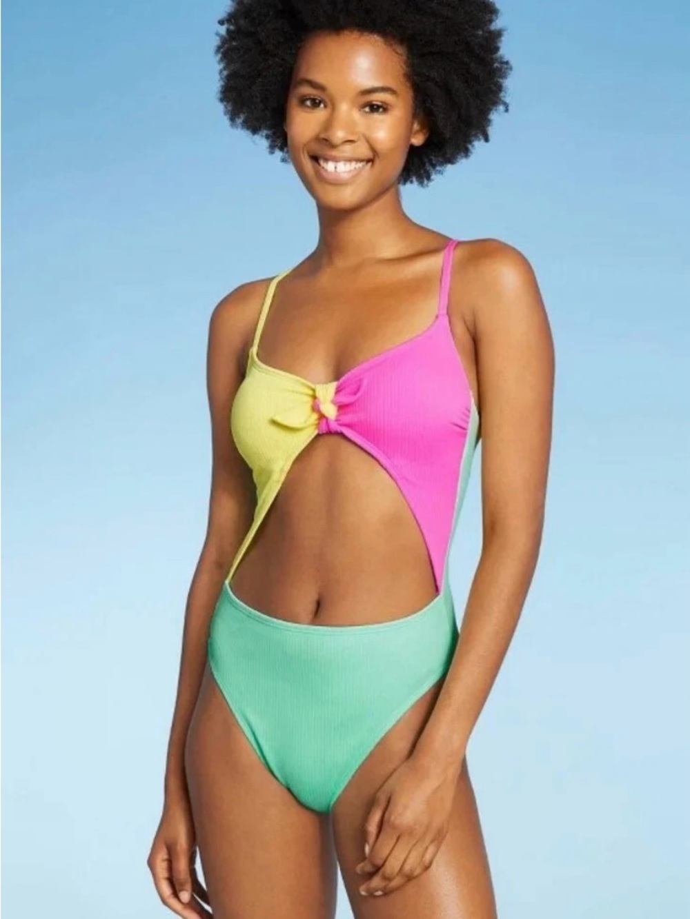 Xhilaration Ribbed Color block Tie-Front One Piece Swimsuit Size S NWOT